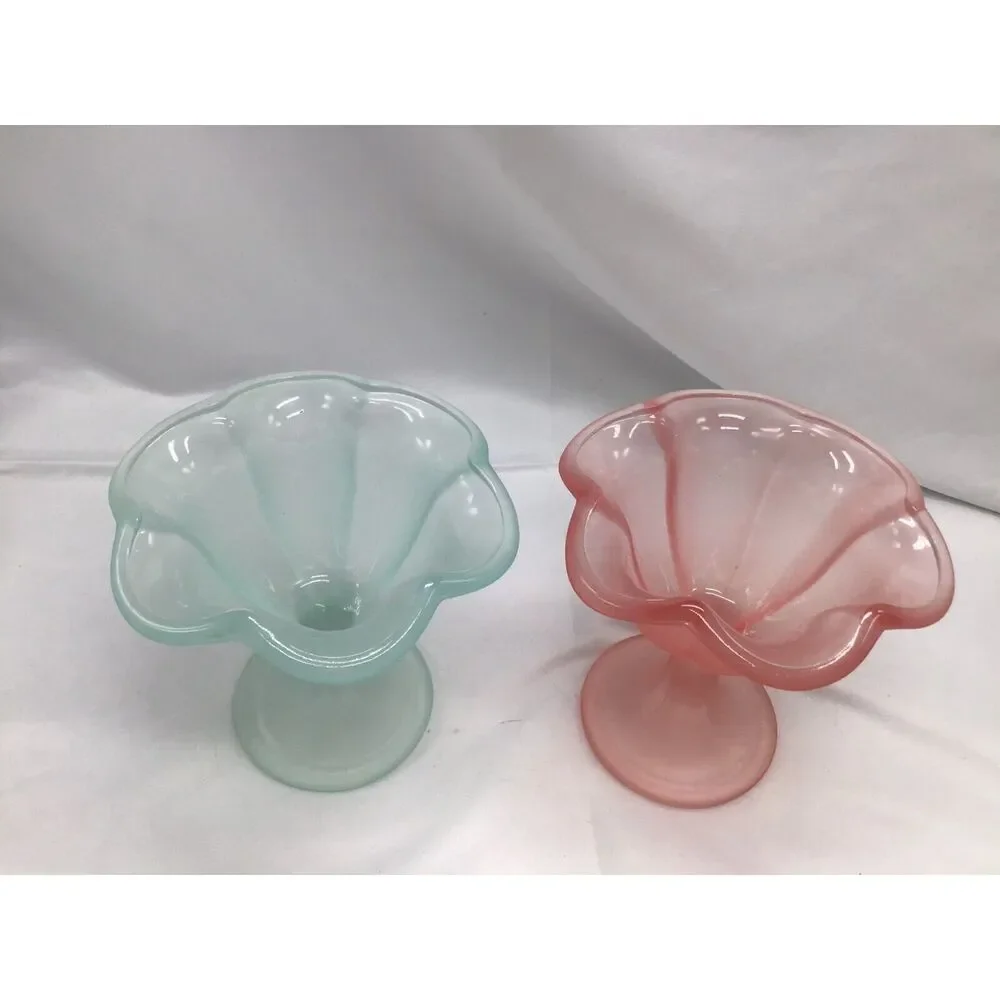 Pair Satin Glass Ice Cream Dishes Old Fashion Sundae Party Mid Century